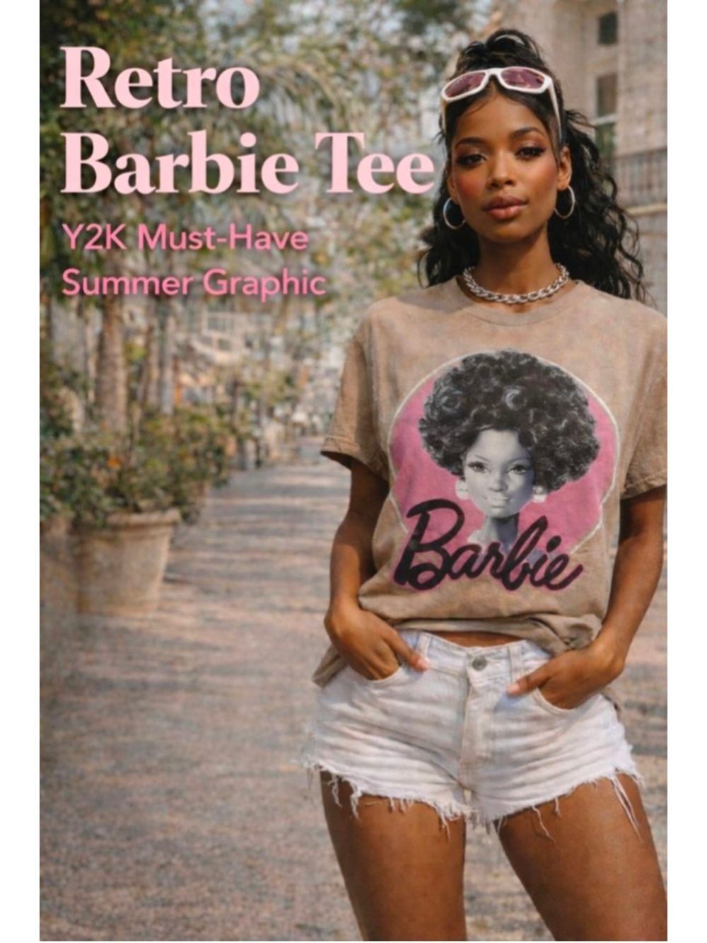 Barbie Afro Graphic Tee Beige Y2K Retro Barbiecore T Shirt Size M